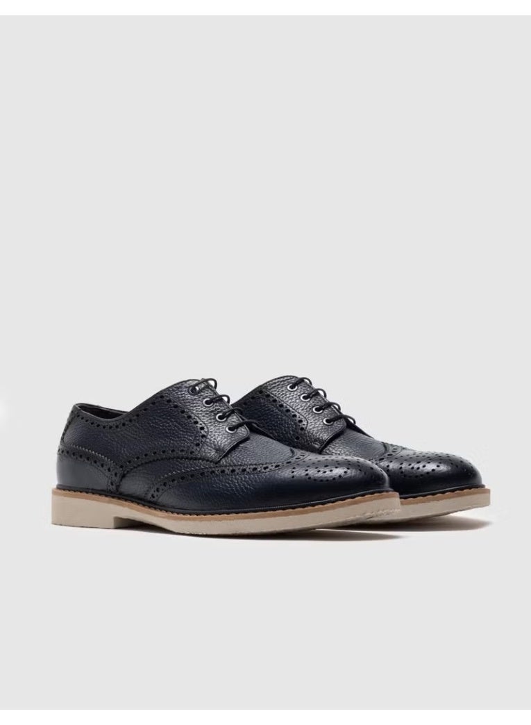 Cabani Men's Genuine Leather Lace-Up Casual Shoes with Leather Lining - Navy Blue - Image 3